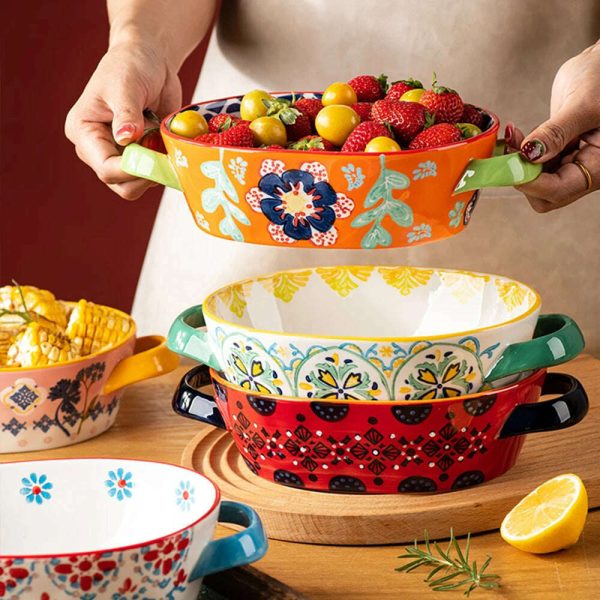 Fanhua Double Ear Plate Ceramic Creative Retro Tableware Plate Dining Plate Oven Special Rectangular Plate Vegetable Plate Bowl For Discount