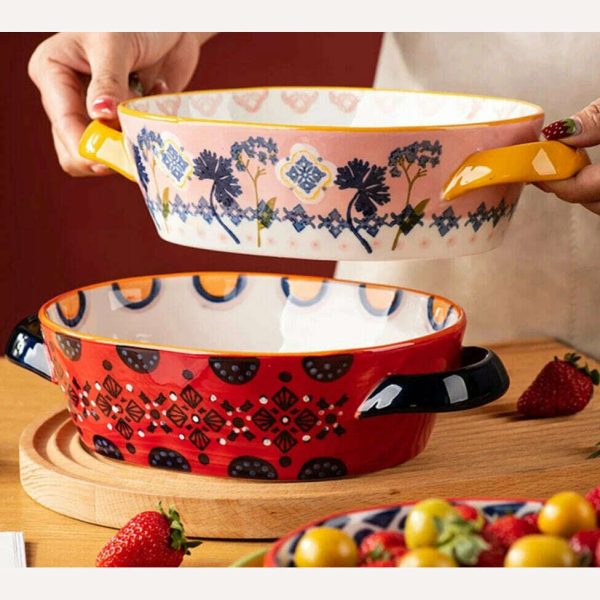 Fanhua Double Ear Plate Ceramic Creative Retro Tableware Plate Dining Plate Oven Special Rectangular Plate Vegetable Plate Bowl For Discount - Image 4